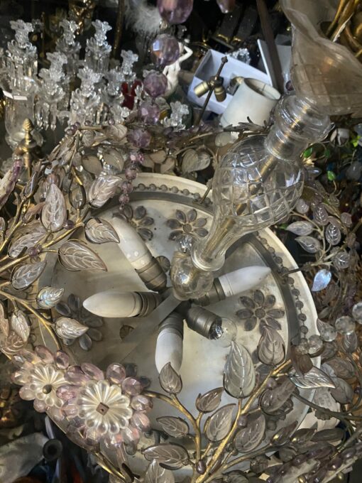 1970′ Golden Brass Chandelier Plant Decor Maison Bagués Style, Leaves And Flowers In Colored Glass - Image 6