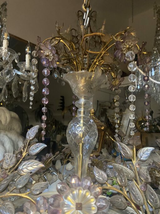 1970′ Golden Brass Chandelier Plant Decor Maison Bagués Style, Leaves And Flowers In Colored Glass - Image 4