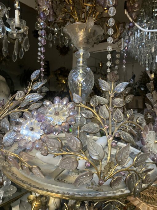 1970′ Golden Brass Chandelier Plant Decor Maison Bagués Style, Leaves And Flowers In Colored Glass - Image 3
