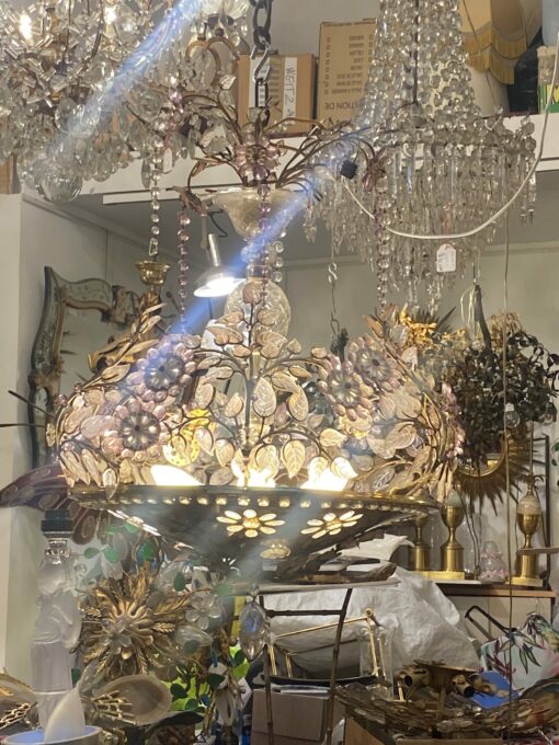 1970′ Golden Brass Chandelier Plant Decor Maison Bagués Style, Leaves And Flowers In Colored Glass - Image 2