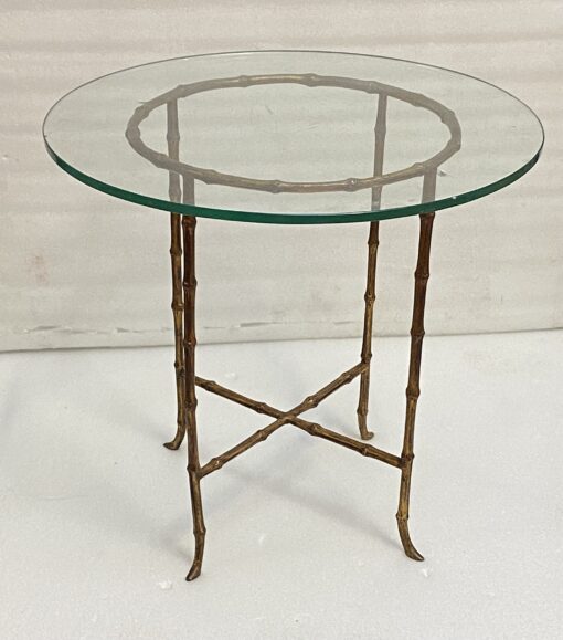 1970′ Maison Baguès Style Pedestal Table Bamboo Decor in Gilt Bronze With Glass Top H 50 Ø 37 cm