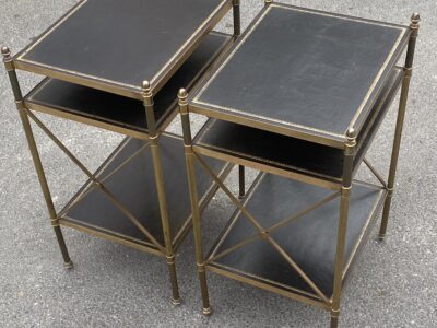1950/70′ Pair of Brass Shelves with 3 Levels Maison Baguès Leathers with Braces 32 X40 X H 63 cm