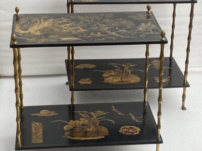 1950′ Pair Of Maison Baguès Tables Bamboo Decor In Gilt Bronze With Chinese Lacquer Trays 60 X 36 H 63 cm