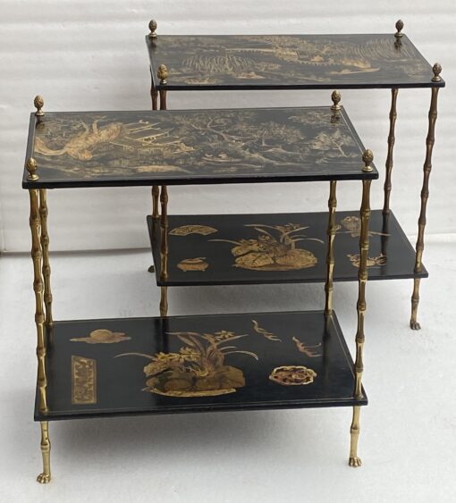1950′ Pair Of Maison Baguès Tables Bamboo Decor In Gilt Bronze With Chinese Lacquer Trays 60 X 36 H 63 cm