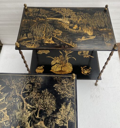 1950′ Pair Of Maison Baguès Tables Bamboo Decor In Gilt Bronze With Chinese Lacquer Trays 60 X 36 H 63 cm - Image 12