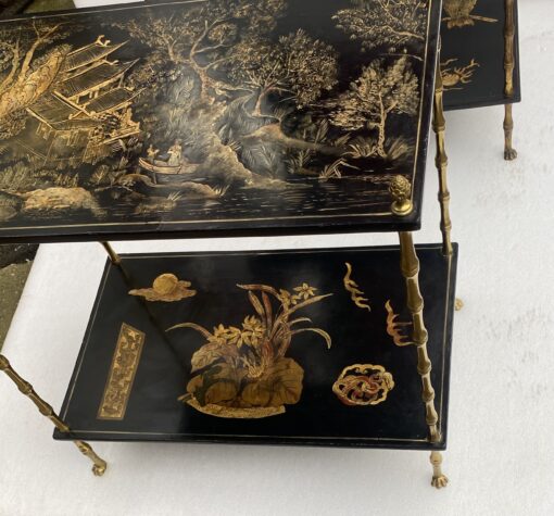 1950′ Pair Of Maison Baguès Tables Bamboo Decor In Gilt Bronze With Chinese Lacquer Trays 60 X 36 H 63 cm - Image 9