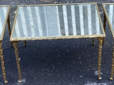 1970′ Tripartite Table Maison Charles, Jansen Or Baguès Palm Tree Decor in Gilt Bronze with Aged Mirror Trays