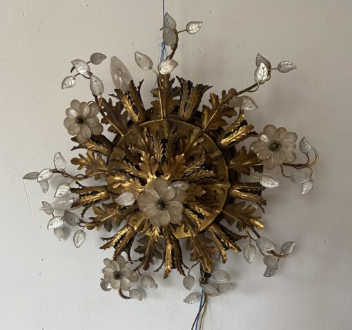 1970′ Plafonnier ou Applique à Décor de Feuilles en Métal Et Verre Maison Baguès Ou Banci Ø 60 cm