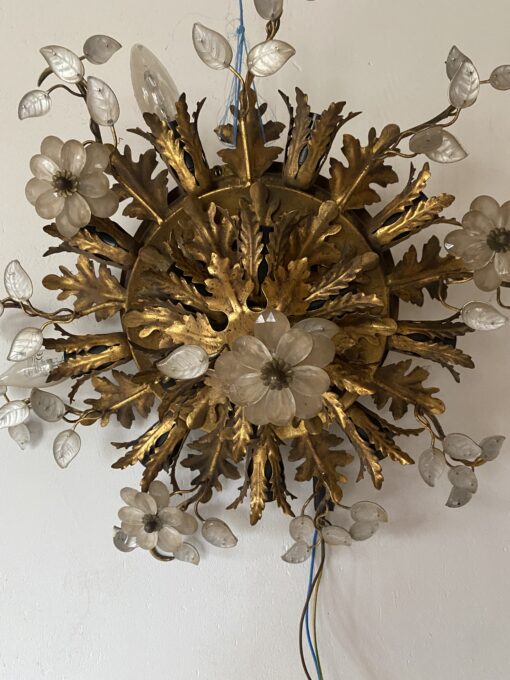 1970′ Plafonnier ou Applique à Décor de Feuilles en Métal Et Verre Maison Baguès Ou Banci Ø 60 cm – Image 9