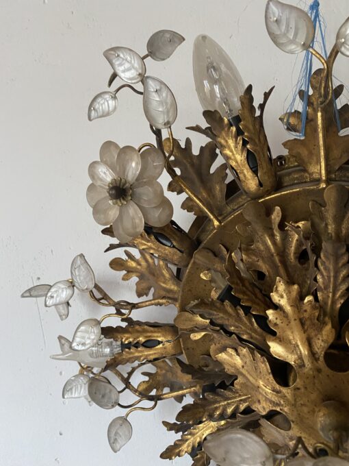 1970′ Plafonnier ou Applique à Décor de Feuilles en Métal Et Verre Maison Baguès Ou Banci Ø 60 cm – Image 7