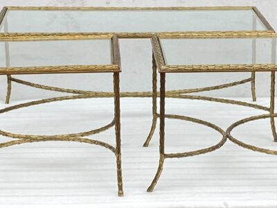 1970′ Coffee Table And Its 2 Bronze Sofa Ends Palm Tree Model, Maison Charles, Double Arc Spacer 105 x 55 x H 42 cm