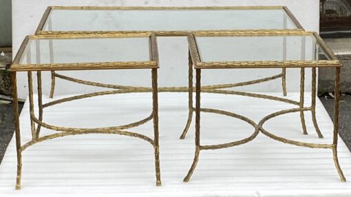 1970′ Table Basse Et Ses 2 Bouts De Canapés en Bronze Modèle Palmier, Maison Charles , Entretoise Double Arc De Cercle 105 x 55 x H 42 cm