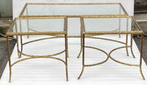 1970′ Table Basse Et Ses 2 Bouts De Canapés en Bronze Modèle Palmier, Maison Charles , Entretoise Double Arc De Cercle 105 x 55 x H 42 cm – Image 2
