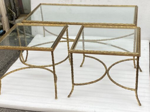 1970′ Table Basse Et Ses 2 Bouts De Canapés en Bronze Modèle Palmier, Maison Charles , Entretoise Double Arc De Cercle 105 x 55 x H 42 cm – Image 17