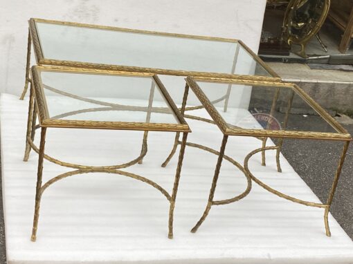 1970′ Table Basse Et Ses 2 Bouts De Canapés en Bronze Modèle Palmier, Maison Charles , Entretoise Double Arc De Cercle 105 x 55 x H 42 cm – Image 16