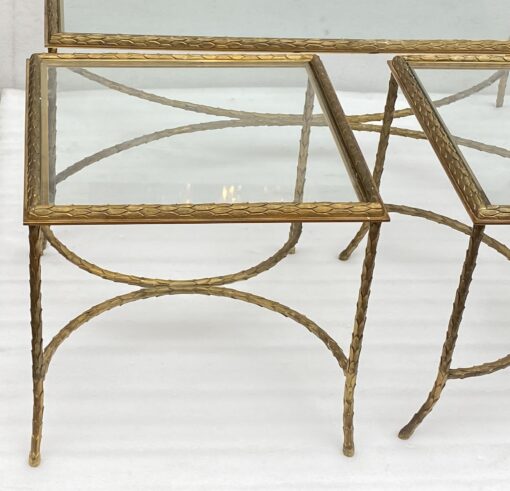 1970′ Table Basse Et Ses 2 Bouts De Canapés en Bronze Modèle Palmier, Maison Charles , Entretoise Double Arc De Cercle 105 x 55 x H 42 cm – Image 15