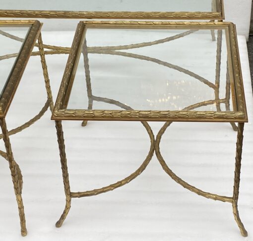 1970′ Table Basse Et Ses 2 Bouts De Canapés en Bronze Modèle Palmier, Maison Charles , Entretoise Double Arc De Cercle 105 x 55 x H 42 cm – Image 14