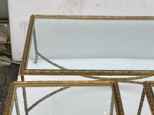 1970′ Table Basse Et Ses 2 Bouts De Canapés en Bronze Modèle Palmier, Maison Charles , Entretoise Double Arc De Cercle 105 x 55 x H 42 cm – Image 13