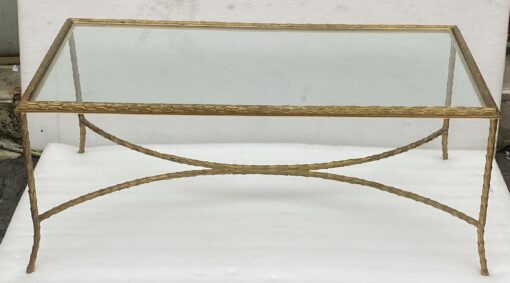1970′ Table Basse Et Ses 2 Bouts De Canapés en Bronze Modèle Palmier, Maison Charles , Entretoise Double Arc De Cercle 105 x 55 x H 42 cm – Image 6