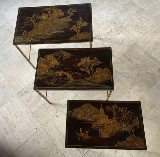1950′ Series Of 3 Maison Baguès Nesting Tables In Gilt And Patinated Bronze, 3 Chinese Lacquer Trays 60 X 36 X H 47 cm - Image 13