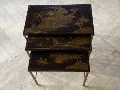 1950′ Series Of 3 Maison Baguès Nesting Tables In Gilt And Patinated Bronze, 3 Chinese Lacquer Trays 60 X 36 X H 47 cm