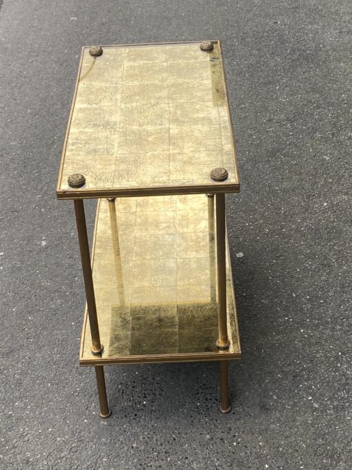 1970′ Bout De Canapé Rectangulaire Maison Bagués Laiton et Bronze Plateaux Feuilles d or Fixées Sous Verre  60 X 30 cm - Image 10
