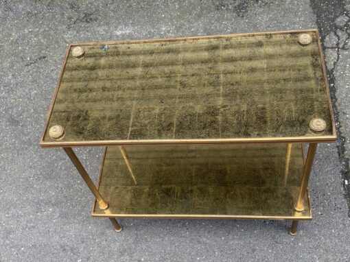 1970′ Bout De Canapé Rectangulaire Maison Bagués Laiton et Bronze Plateaux Feuilles d or Fixées Sous Verre  60 X 30 cm - Image 7