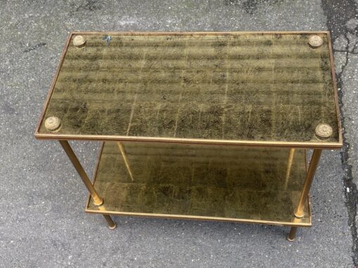 1970′ Bout De Canapé Rectangulaire Maison Bagués Laiton et Bronze Plateaux Feuilles d or Fixées Sous Verre  60 X 30 cm - Image 6