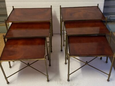 1970 ‘Pair Of Series Of 3 Nesting Tables Maison Baguès In Gilt Bronze, 3 Amber Bakelite Trays