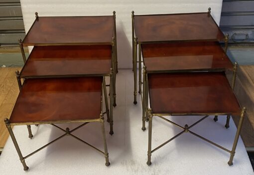 1970 ‘Pair Of Series Of 3 Nesting Tables Maison Baguès In Gilt Bronze, 3 Amber Bakelite Trays