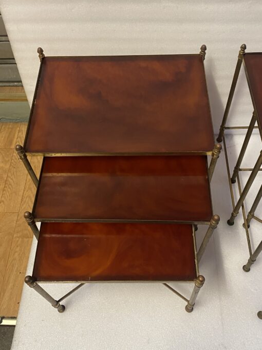 1970 ‘Pair Of Series Of 3 Nesting Tables Maison Baguès In Gilt Bronze, 3 Amber Bakelite Trays - Image 6