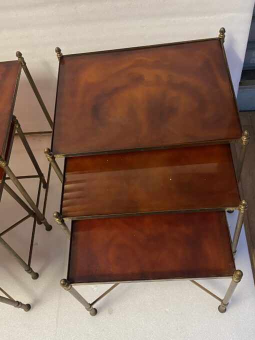 1970 ‘Pair Of Series Of 3 Nesting Tables Maison Baguès In Gilt Bronze, 3 Amber Bakelite Trays - Image 5