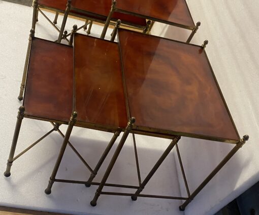 1970 ‘Pair Of Series Of 3 Nesting Tables Maison Baguès In Gilt Bronze, 3 Amber Bakelite Trays - Image 3