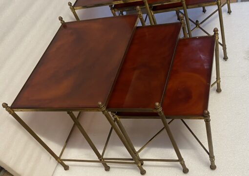 1970 ‘Pair Of Series Of 3 Nesting Tables Maison Baguès In Gilt Bronze, 3 Amber Bakelite Trays - Image 2