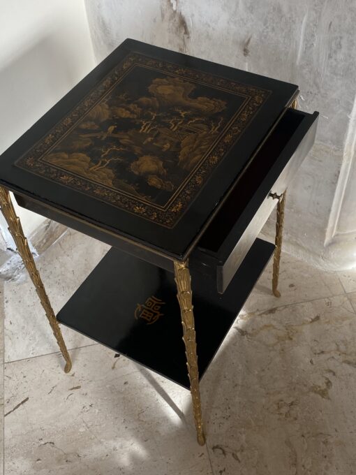 1950/70 ′ Maison Baguès Table Palm Tree Decor in Gilt Bronze With Chinese Lacquer Trays And Drawer 35 X 40 X H 61 CM - Image 10