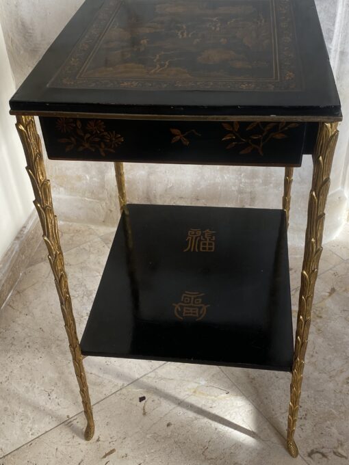 1950/70 ′ Maison Baguès Table Palm Tree Decor in Gilt Bronze With Chinese Lacquer Trays And Drawer 35 X 40 X H 61 CM - Image 6