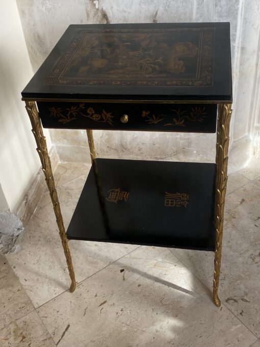 1950/70 ′ Maison Baguès Table Palm Tree Decor in Gilt Bronze With Chinese Lacquer Trays And Drawer 35 X 40 X H 61 CM - Image 5