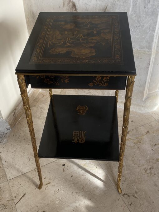 1950/70 ′ Maison Baguès Table Palm Tree Decor in Gilt Bronze With Chinese Lacquer Trays And Drawer 35 X 40 X H 61 CM - Image 4