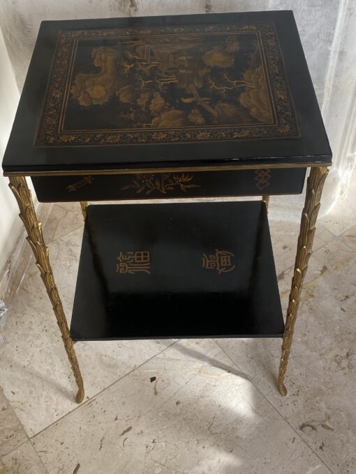 1950/70 ′ Maison Baguès Table Palm Tree Decor in Gilt Bronze With Chinese Lacquer Trays And Drawer 35 X 40 X H 61 CM - Image 3