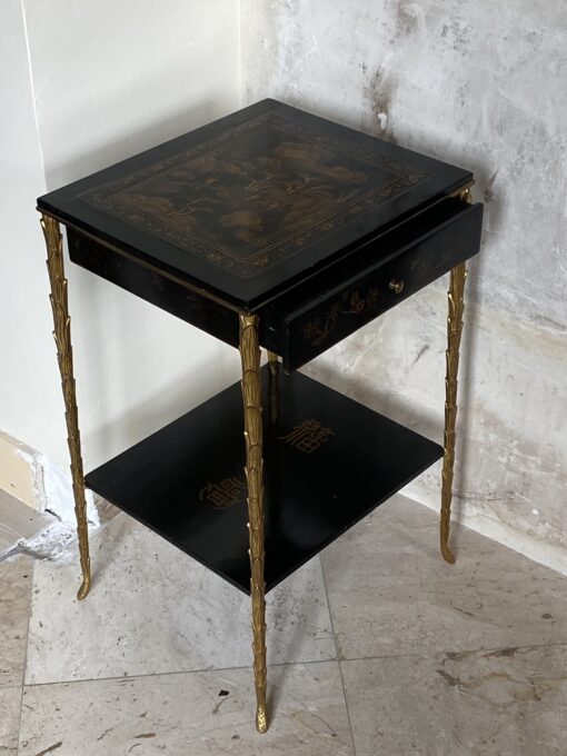 1950/70 ′ Maison Baguès Table Palm Tree Decor in Gilt Bronze With Chinese Lacquer Trays And Drawer 35 X 40 X H 61 CM
