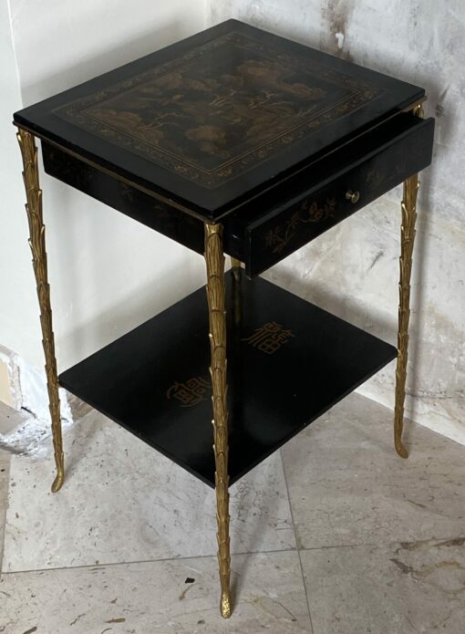 1950/70 ′ Table Maison Baguès Décor Palmier en Bronze Doré Avec Plateaux Laque de Chine Et Tiroir 35 X 40 X H 61 CM