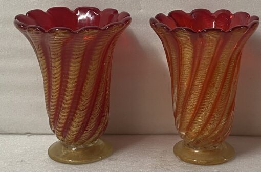 1970' Pair of Vases or Similar Murano Crystal Red Orange and Gold H 32 ø 25.5 cm - Image 12