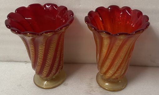 1970' Pair of Vases or Similar Murano Crystal Red Orange and Gold H 32 ø 25.5 cm
