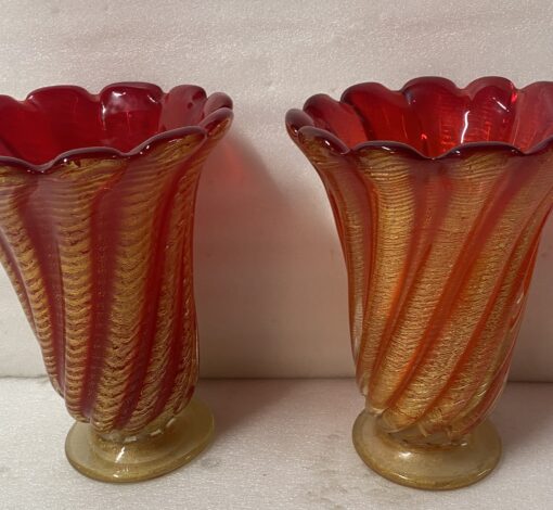 1970' Pair of Vases or Similar Murano Crystal Red Orange and Gold H 32 ø 25.5 cm - Image 10