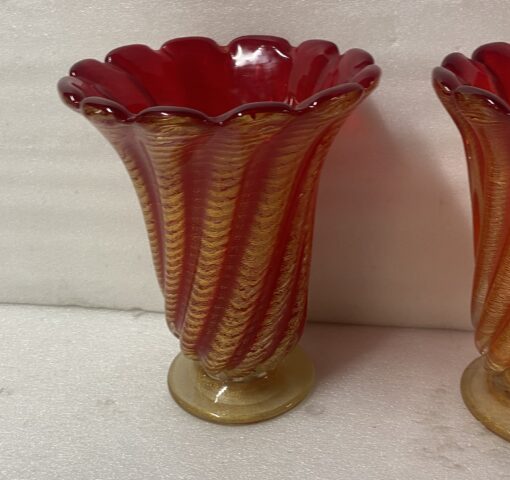 1970' Pair of Vases or Similar Murano Crystal Red Orange and Gold H 32 ø 25.5 cm - Image 9