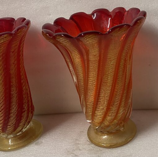 1970' Pair of Vases or Similar Murano Crystal Red Orange and Gold H 32 ø 25.5 cm - Image 8