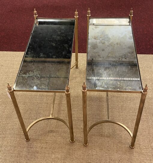 1970′ Pair of Bronze Sofa End Tables, Aged Oxidized Mirror Trays Maison Jansen 65 X 28 cm