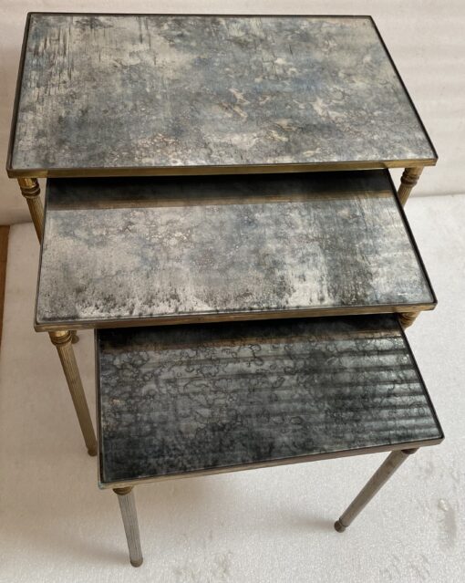1970′ Set of 3 Maison Baguès Nesting Tables in Patinated Bronze,3 Aged Oxidized Mirror Tops 51 X 33 X H 42 cm