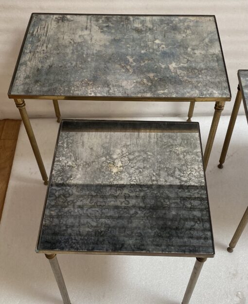 1970′ Set of 3 Maison Baguès Nesting Tables in Patinated Bronze,3 Aged Oxidized Mirror Tops 51 X 33 X H 42 cm - Image 10