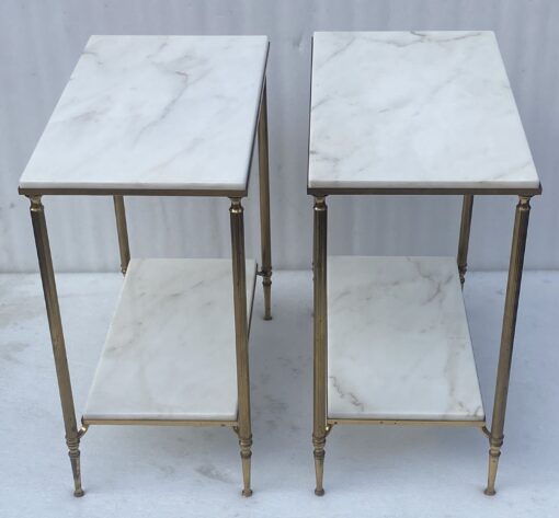 1970′ Pair of 2-Tier Brass End Tables Maison Baguès White Marble Top 49.5 X 30 X H 57 cm